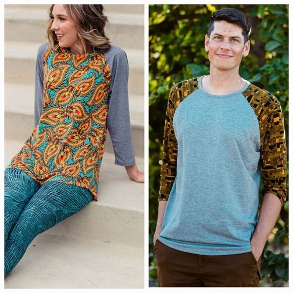 LuLaRoe Randy Tee Unisex Purple Paisley Print Medium Shirt Top Raglan Sleeve - Picture 3 of 8